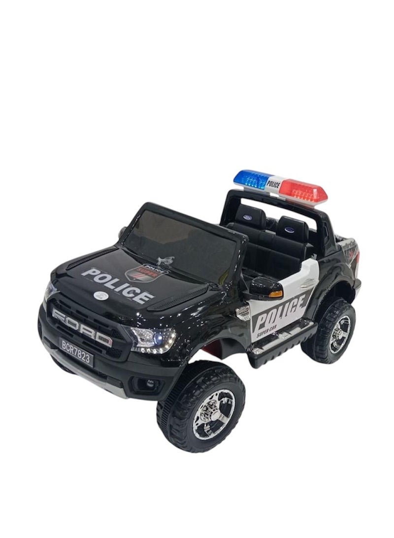 Electric Baby Police Car, 2 Motors, 12V Battery, Open Doors, Lights & Police Alarms, Vibrator Mode, Bluetooth/USB/Aux Music, Remote Control