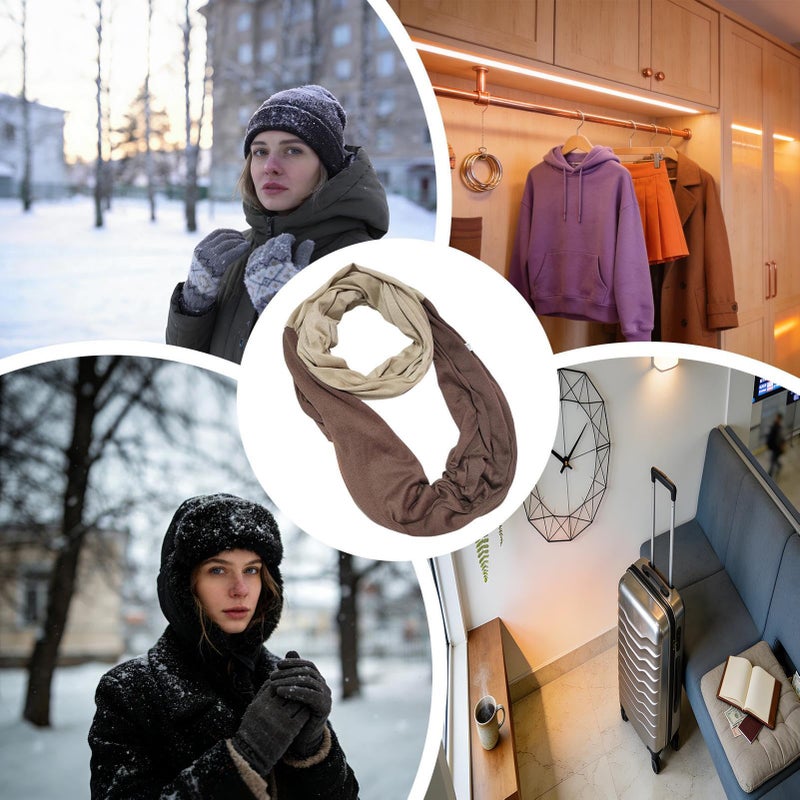 Khaki Brown Infinity Scarf with Zipper Pocket Neck Warmer for Women Men Outdoor Commuting - Image 5