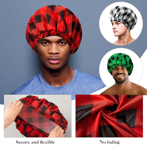 Jeere Shower Cap for Men Waterproof Reusable Large Bath Cap Men for Dreadlocks, Braids, Curls, Locs, Curly Hair, 3 Colors(Plaid Pattern) - Image 5