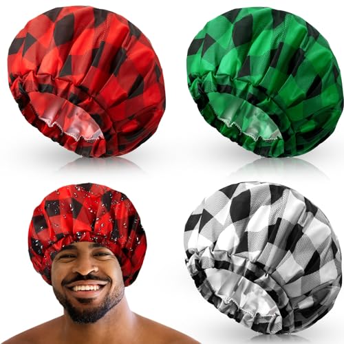 Jeere Shower Cap for Men Waterproof Reusable Large Bath Cap Men for Dreadlocks, Braids, Curls, Locs, Curly Hair, 3 Colors(Plaid Pattern) - Image 1