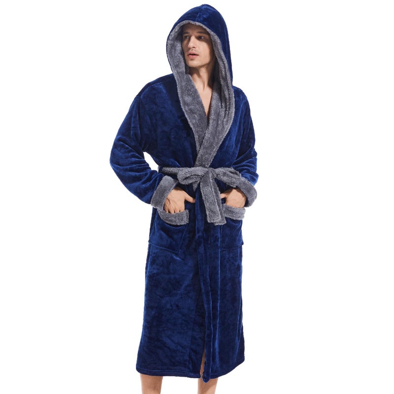 Inner Wish Mens Hooded Robe Plush Long Bath robes Cozy Warm Bathrobe Fuzzy male Spa Robe With PocketsNAVY BLUEDARK GREY LXL