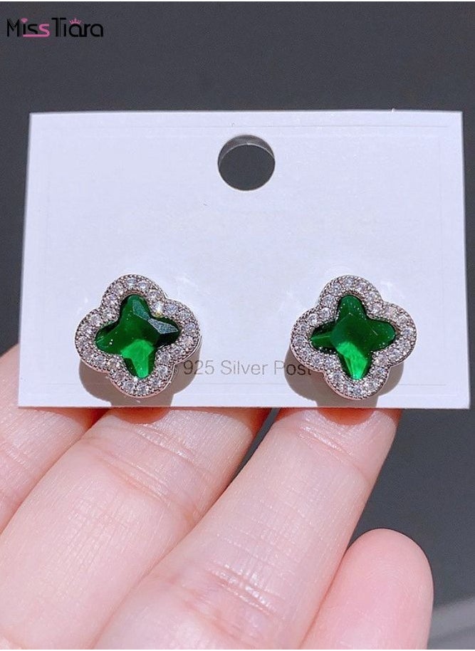 MissTiara Stylish Four Petal Flower Inlaid Zirconia Earrings 925 Silver Needle Earrings for Women  - Image 1