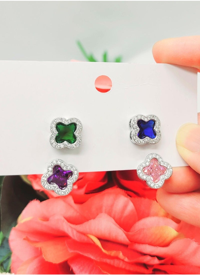 MissTiara Stylish Four Petal Flower Inlaid Zirconia Earrings 925 Silver Needle Earrings for Women  - Image 3