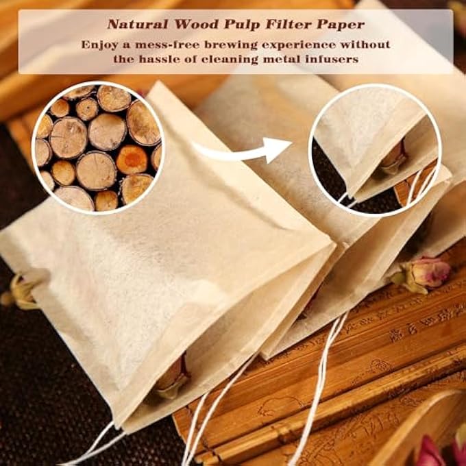 HBSTUDIO Disposable Tea Filter Bags For Loose Tea Wood Pulp Material Biodegradable And Compostable Unbleached Empty Tea Infuser Sachets With Drawstring 200 Pack 8Cm X 10Cm - Image 5