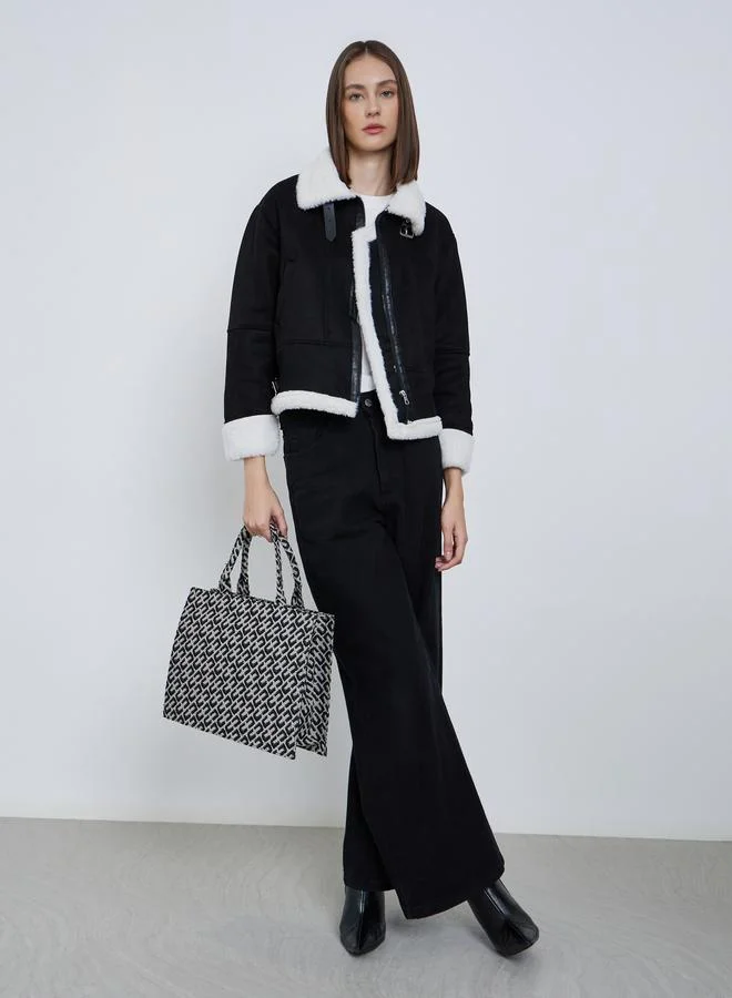 Styli Black Regular Fit Faux Shearling Aviator Jacket