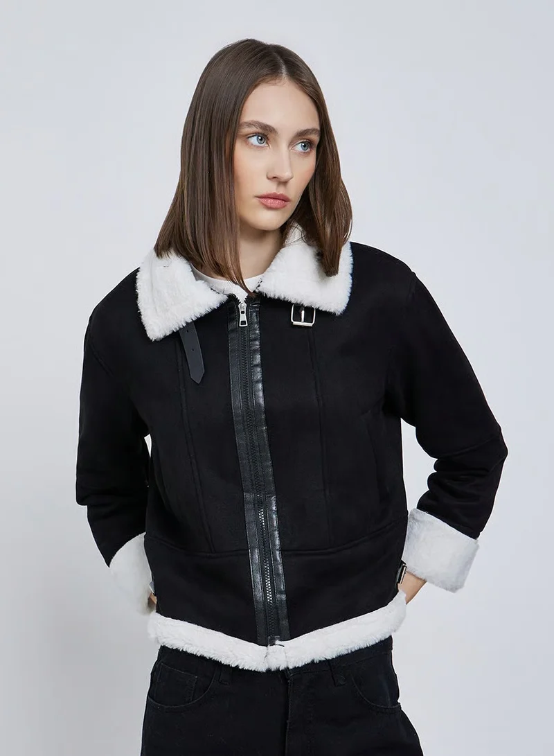 Styli Black Regular Fit Faux Shearling Aviator Jacket