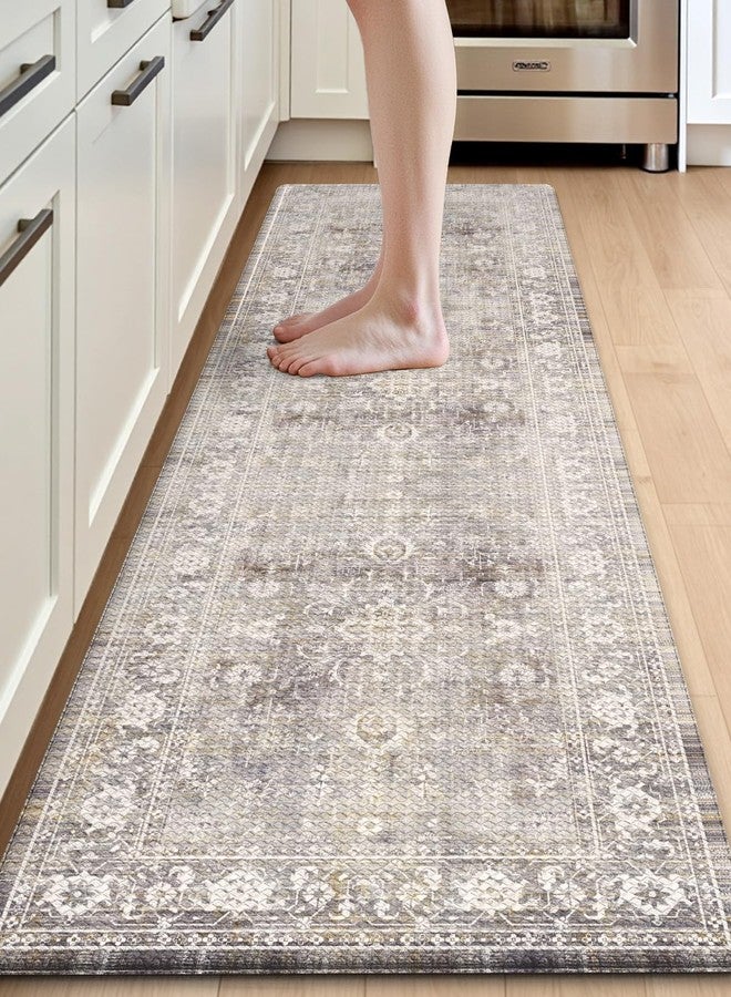 DEXI Kitchen Floor Mats Cushioned Anti Fatigue, 23x86 Long Wide Standing Comfort Runner Rug, Waterproof Retro Floral Memory Foam Padded for Front Sink Laundry, Beige Grey - Image 1