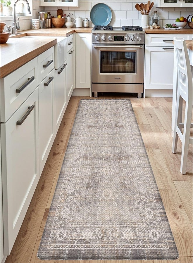 DEXI Kitchen Floor Mats Cushioned Anti Fatigue, 23x86 Long Wide Standing Comfort Runner Rug, Waterproof Retro Floral Memory Foam Padded for Front Sink Laundry, Beige Grey - Image 4