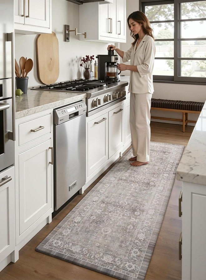 DEXI Kitchen Floor Mats Cushioned Anti Fatigue, 23x86 Long Wide Standing Comfort Runner Rug, Waterproof Retro Floral Memory Foam Padded for Front Sink Laundry, Beige Grey - Image 3