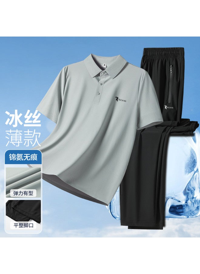 Tucano summer Ice-silk Thin Men's Suit - Business Casual Polo Shirt & Pants Two-piece Set - Image 2