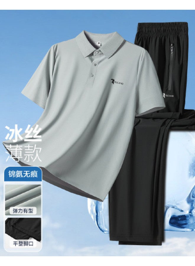 Tucano summer Ice-silk Thin Men's Suit - Business Casual Polo Shirt & Pants Two-piece Set - Image 1