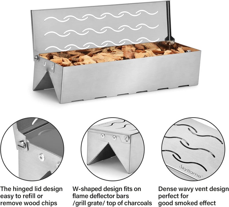 Skyflame Stainless Steel BBQ Smoker Box for Wood/Smoking Chips - Universal Smoky Flavor Grill Accessories Fit for Gas/Charcoal Grilling, W-Shape - Image 3
