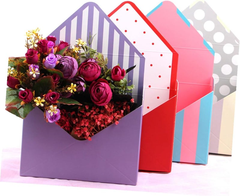 LOLIPPYY Envelope Flower Boxes Set 5 Pcs Folding Paper Packing Boxes for Floral Bouquet Wrapping and Store Display, Multi-patterned Crimson Dot, Beige Dot, Purple and Blue Stripe, Suitable - Image 3