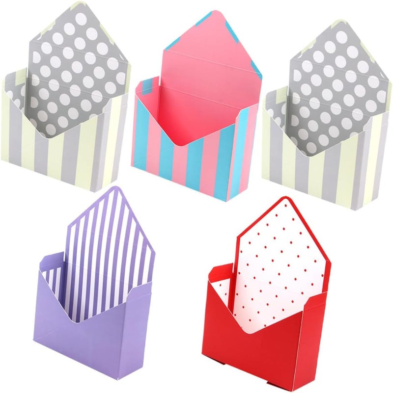 LOLIPPYY Envelope Flower Boxes Set 5 Pcs Folding Paper Packing Boxes for Floral Bouquet Wrapping and Store Display, Multi-patterned Crimson Dot, Beige Dot, Purple and Blue Stripe, Suitable - Image 1