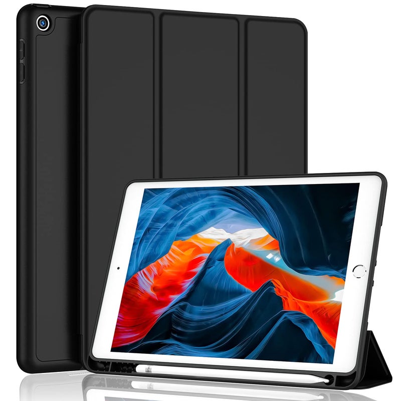 iMieet iPad 9th Generation Case 2021/iPad 8th Generation Case 2020 10.2 Inch with Pencil Holder, iPad 7th Gen 2019 Case with Soft Baby Skin Silicone Back, Auto Wake/Sleep Cover (Black) - Image 1