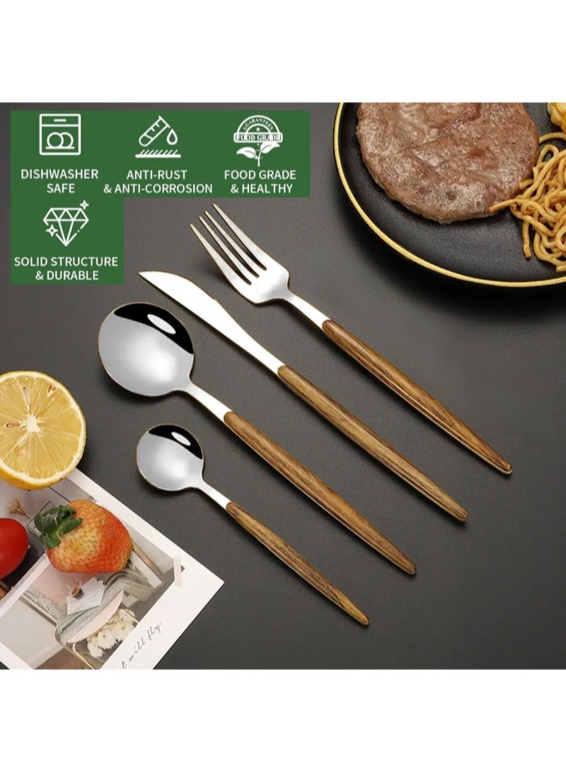 AAMSRAK Luxury Silver Cutlery Set with Wooden Handles – 12-Piece Stainless Steel Flatware (3 Complete Place Settings: Knife, Fork, Spoon, Teaspoon) for Elegant Dining & Special Occasions  - Image 2