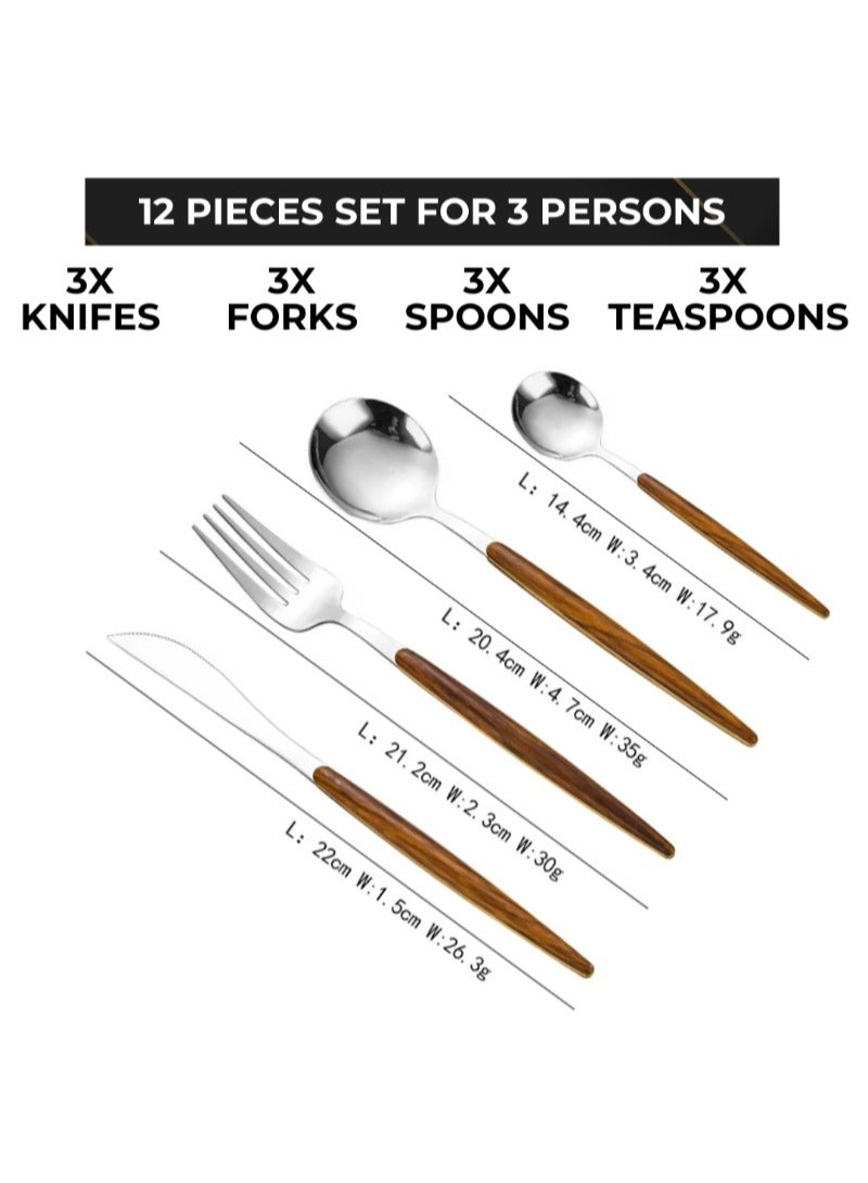 AAMSRAK Luxury Silver Cutlery Set with Wooden Handles – 12-Piece Stainless Steel Flatware (3 Complete Place Settings: Knife, Fork, Spoon, Teaspoon) for Elegant Dining & Special Occasions  - Image 3