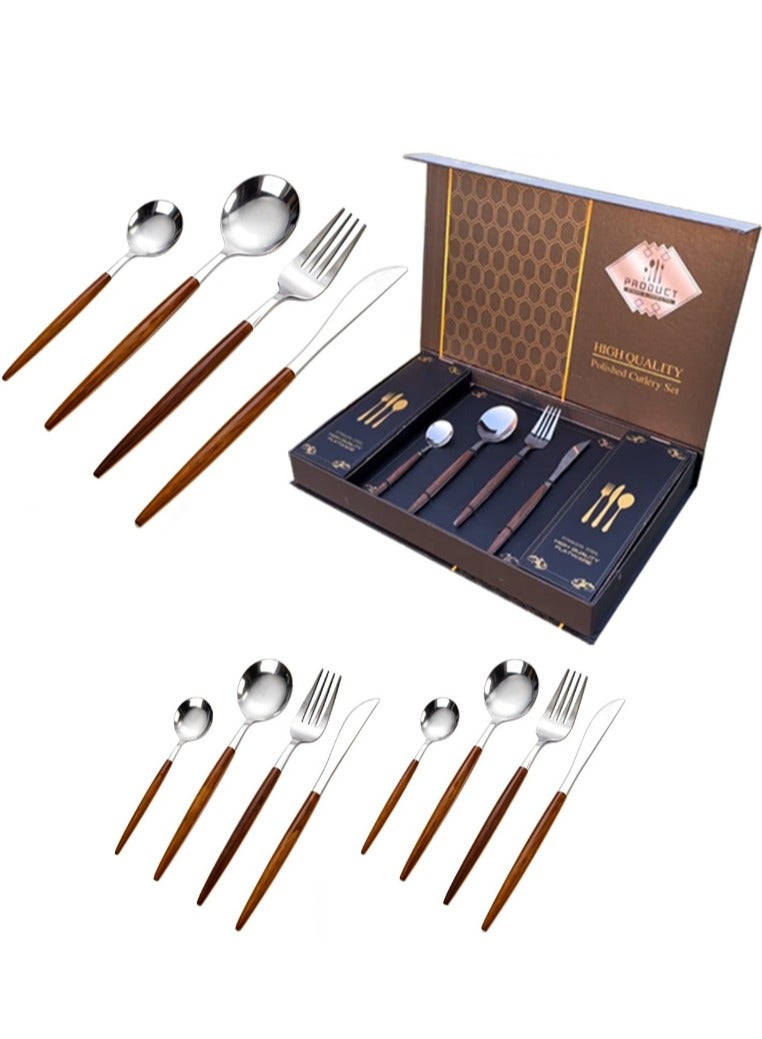 AAMSRAK Luxury Silver Cutlery Set with Wooden Handles – 12-Piece Stainless Steel Flatware (3 Complete Place Settings: Knife, Fork, Spoon, Teaspoon) for Elegant Dining & Special Occasions  - Image 1