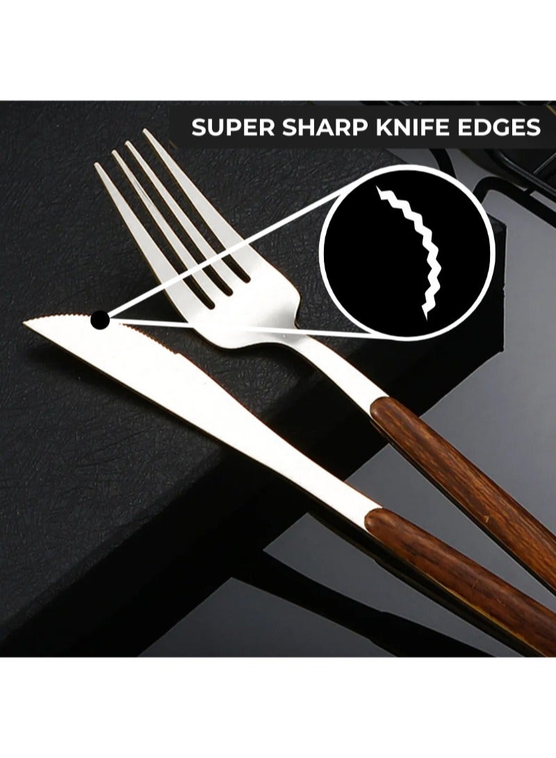 AAMSRAK Luxury Silver Cutlery Set with Wooden Handles – 12-Piece Stainless Steel Flatware (3 Complete Place Settings: Knife, Fork, Spoon, Teaspoon) for Elegant Dining & Special Occasions  - Image 5