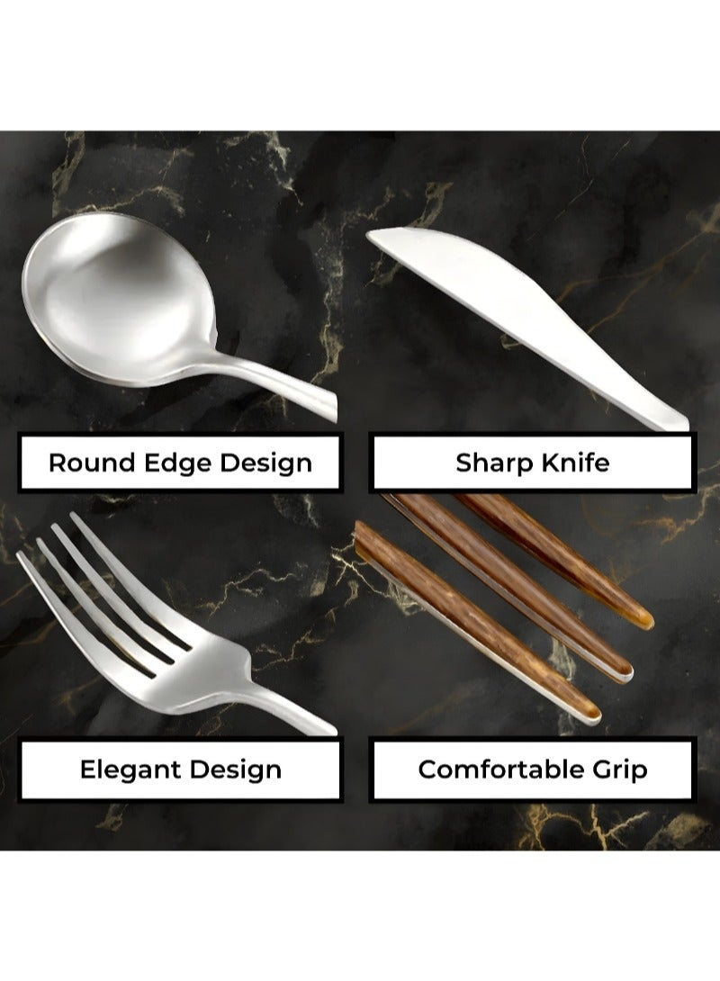 AAMSRAK Luxury Silver Cutlery Set with Wooden Handles – 12-Piece Stainless Steel Flatware (3 Complete Place Settings: Knife, Fork, Spoon, Teaspoon) for Elegant Dining & Special Occasions  - Image 4
