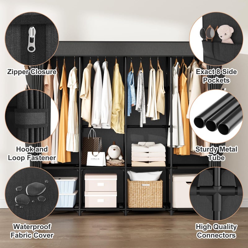 BrFoYu Portable Closet for Hanging Clothes, 67 Inch Wide Portable Wardrobe Closet with Cover, 4 Hanging Rod, Storage Shelves and Side Pockets, Large Free Standing Closet for Bedroom, Black - Image 5