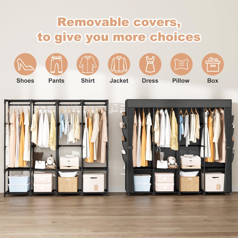 BrFoYu Portable Closet for Hanging Clothes, 67 Inch Wide Portable Wardrobe Closet with Cover, 4 Hanging Rod, Storage Shelves and Side Pockets, Large Free Standing Closet for Bedroom, Black - Image 4