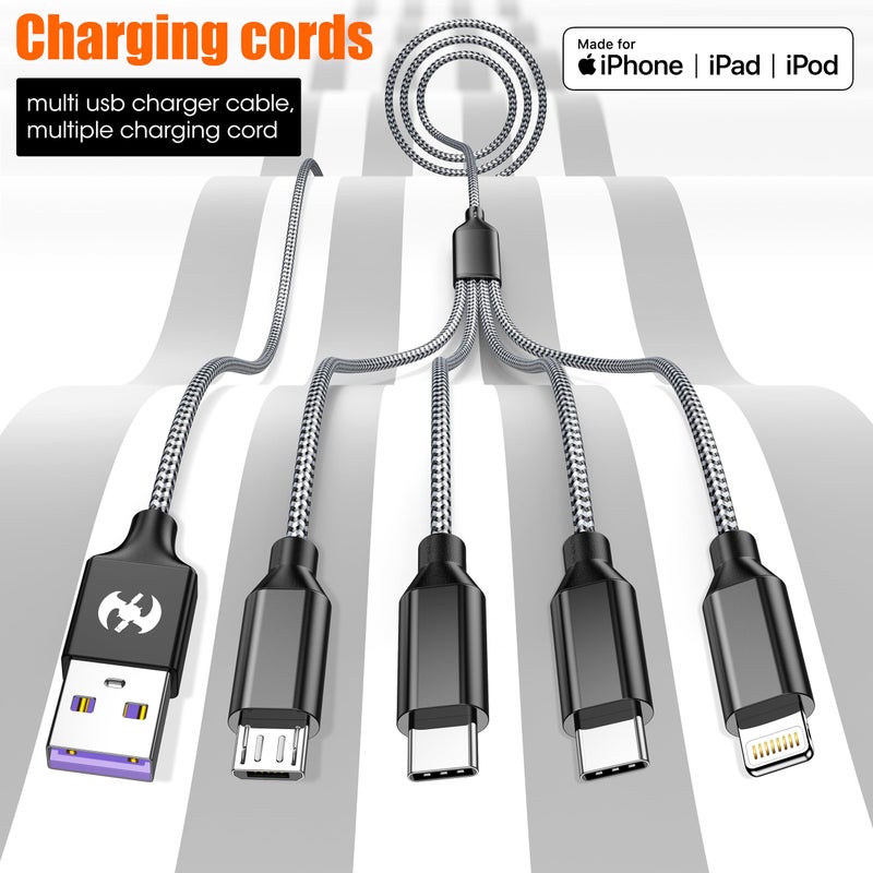 HYXing Multi Charging Cable 4ft 2Pack, Doub Tyep-C 4 in 1 Charging cable Nylon Braided Lightning iPhone Charger,Universal Charger Phone Cord With Type-C,Micro USB,IP Port for iPhone17-5/Android -Silver White - Image 5