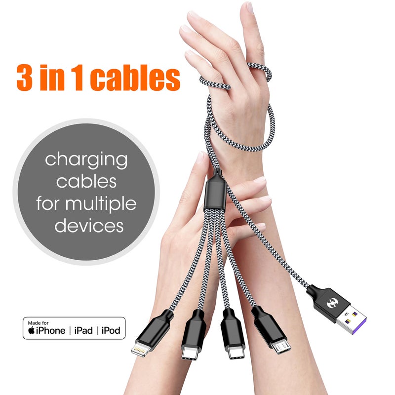 HYXing Multi Charging Cable 4ft 2Pack, Doub Tyep-C 4 in 1 Charging cable Nylon Braided Lightning iPhone Charger,Universal Charger Phone Cord With Type-C,Micro USB,IP Port for iPhone17-5/Android -Silver White - Image 2