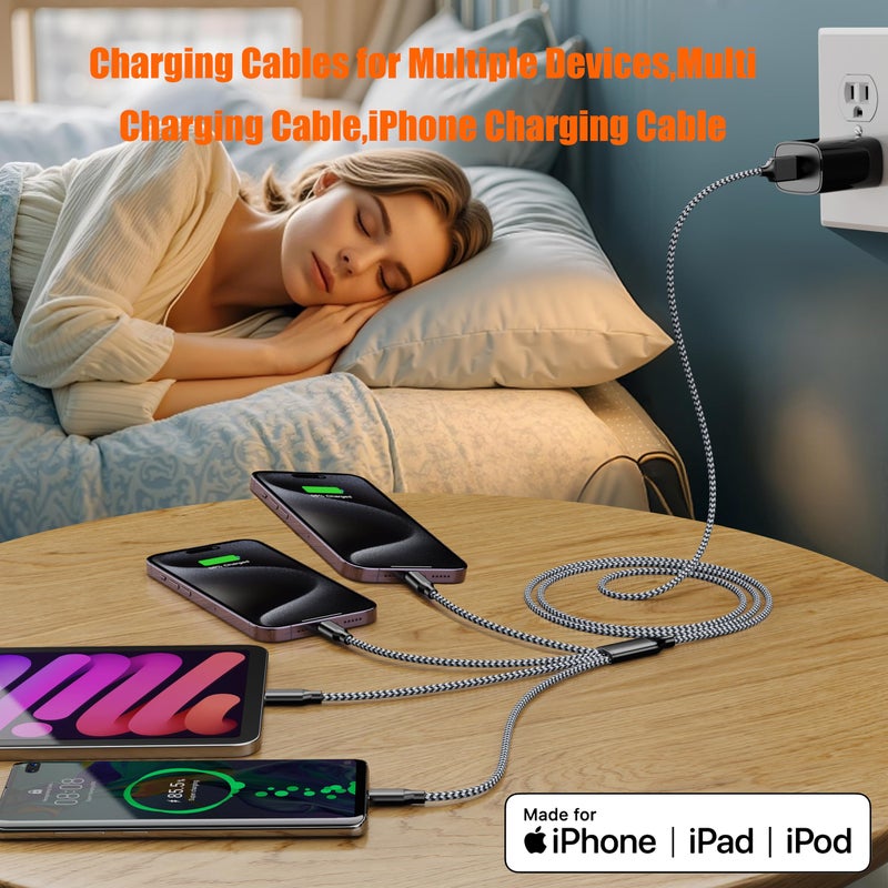 HYXing Multi Charging Cable 4ft 2Pack, Doub Tyep-C 4 in 1 Charging cable Nylon Braided Lightning iPhone Charger,Universal Charger Phone Cord With Type-C,Micro USB,IP Port for iPhone17-5/Android -Silver White - Image 3