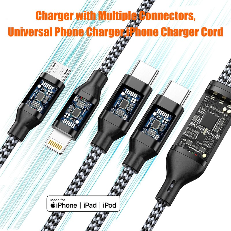 HYXing Multi Charging Cable 4ft 2Pack, Doub Tyep-C 4 in 1 Charging cable Nylon Braided Lightning iPhone Charger,Universal Charger Phone Cord With Type-C,Micro USB,IP Port for iPhone17-5/Android -Silver White - Image 4
