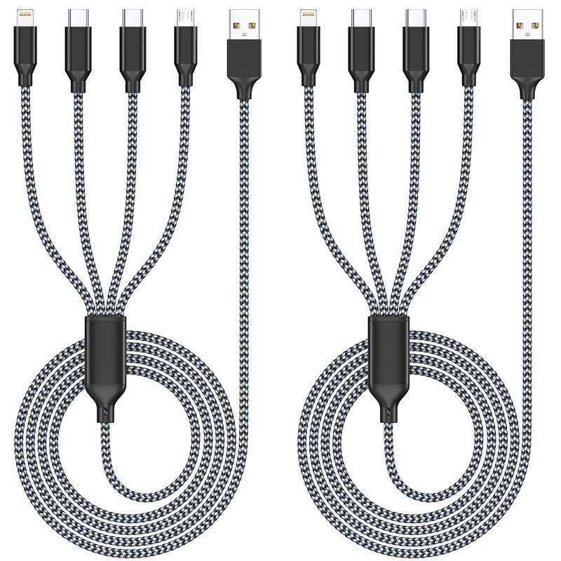 HYXing Multi Charging Cable 4ft 2Pack, Doub Tyep-C 4 in 1 Charging cable Nylon Braided Lightning iPhone Charger,Universal Charger Phone Cord With Type-C,Micro USB,IP Port for iPhone17-5/Android -Silver White - Image 1