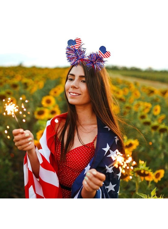 Doneace 4th of July Headband USA Hair Supplies Independence Day Bow Hair Decorations Patriotic Party Hair Band Two Hearts Colorful Tassels Hair Hoop Holiday Favors Head Boppers Headwear Hair Accessories 1PCS - Image 5