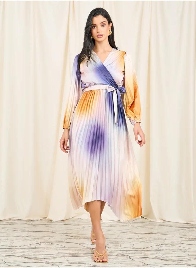 Styli Styli Satin Tie and Dye Print Pleated A-Line Midi Dress with Self Tie Up
