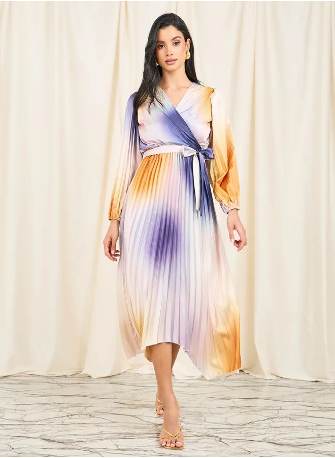 ستايلي Satin Tie and Dye Print Pleated A-Line Midi Dress with Self Tie Up