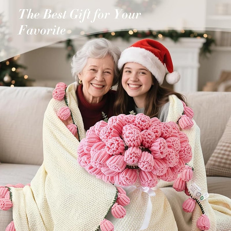 SALIMAH Flower Bouquet Blanket Gifts for Mom Grandma Wife Girlfriend,Completed Crochet Flower Blanket,Soft Knitted Throw Blankets,Gifts for Her Christmas Birthday Anniversary (Pink Roses) - Image 2