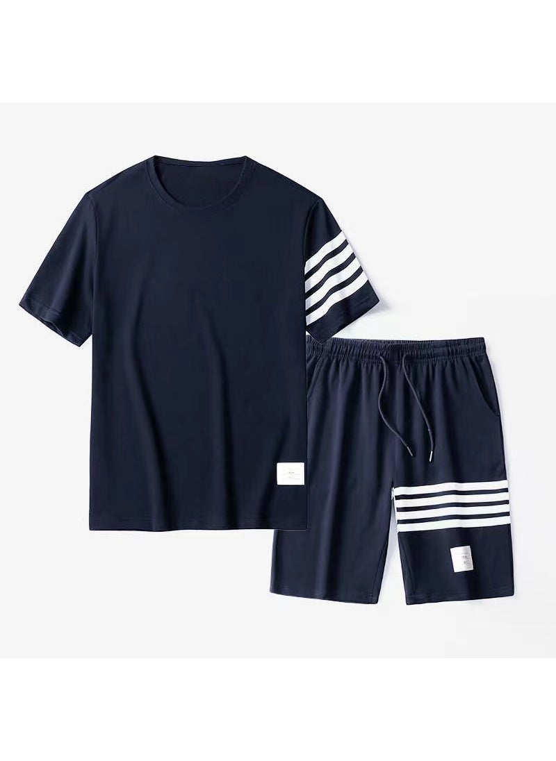 Generic Couples Casual Summer Outfit Short Sleeve T-Shirt Set Two-Piece Sportswear Polyester Fabric Korean Style Printed Logo Design dark blue dark blue Pants 