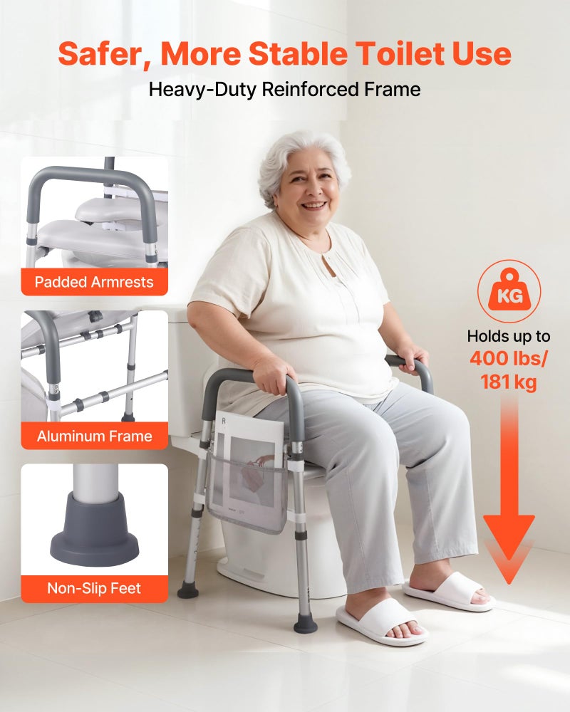 VEVOR Raised Toilet Seat with Arms, 400 lbs Load Capacity, Adjustable Height and Width, Commode Cushion Padded Elevated Toilet Seat Riser with Handles for Seniors, Elderly, Handicap, Disabled, Adults - Image 4