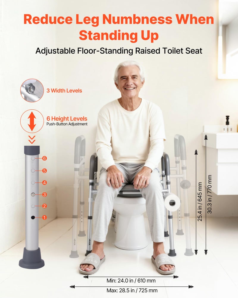 VEVOR Raised Toilet Seat with Arms, 400 lbs Load Capacity, Adjustable Height and Width, Commode Cushion Padded Elevated Toilet Seat Riser with Handles for Seniors, Elderly, Handicap, Disabled, Adults - Image 2