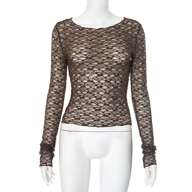 D24TP602 European and American Womens Autumn Amazon New Solid Color Round Neck Simple Sexy Lace Long Sleeve Top for Women Brown