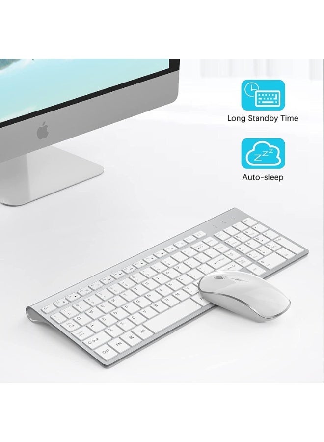 2.4G Wireless Keyboard and Mouse Combo - Slim, Full Size, Ergonomic, 2400 DPI, White+Silver - Image 2