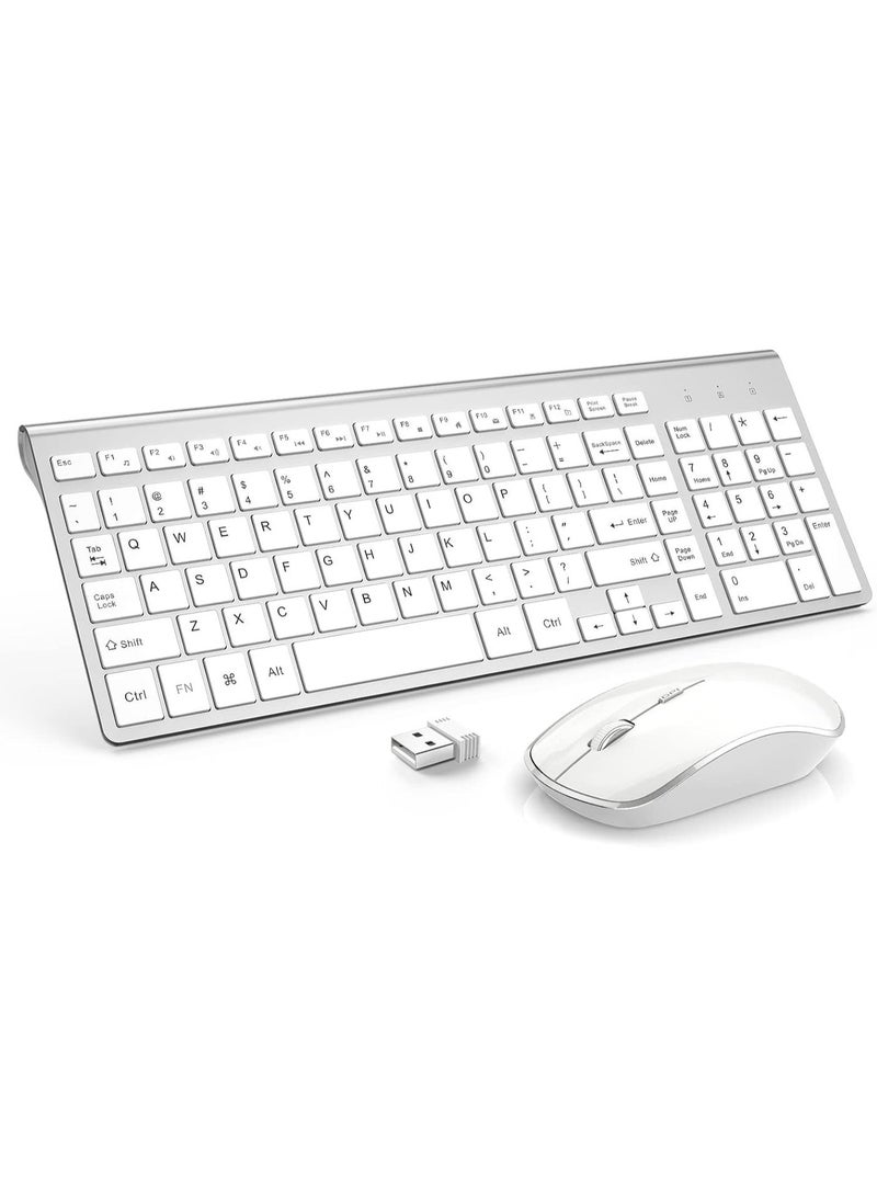 2.4G Wireless Keyboard and Mouse Combo - Slim, Full Size, Ergonomic, 2400 DPI, White+Silver - Image 1