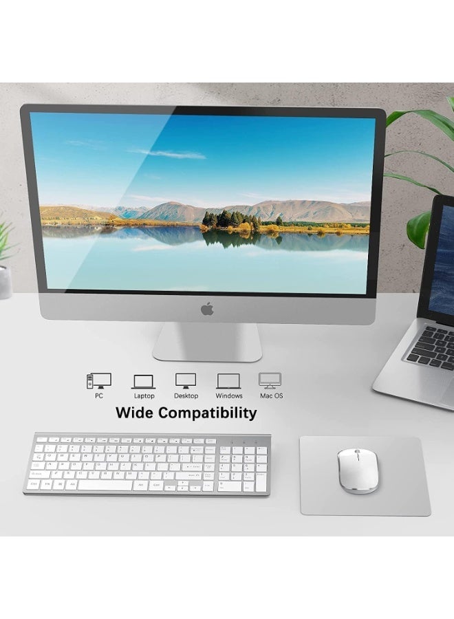 2.4G Wireless Keyboard and Mouse Combo - Slim, Full Size, Ergonomic, 2400 DPI, White+Silver - Image 3