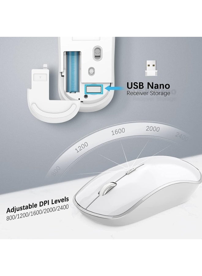 2.4G Wireless Keyboard and Mouse Combo - Slim, Full Size, Ergonomic, 2400 DPI, White+Silver - Image 4