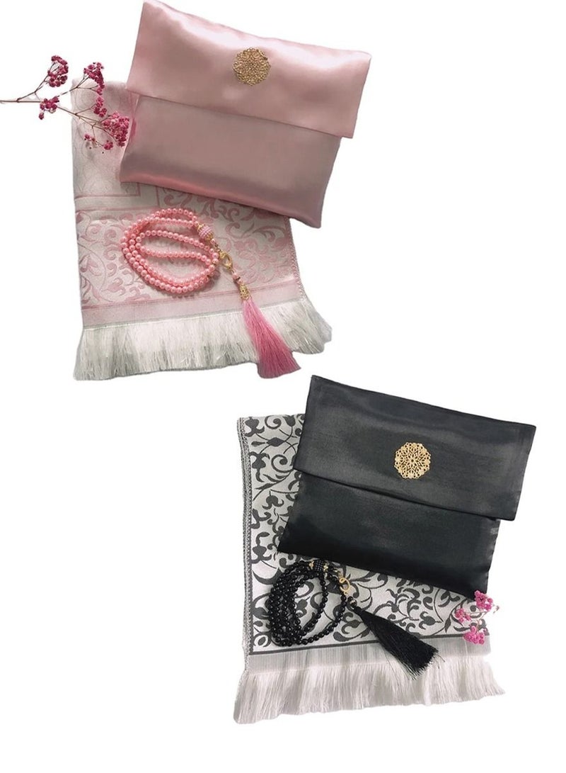 ISHWAZ 2 Sets Of High Quality Prayer Mat, Each Set Contains High Quality Prayer Rug And Decorative Rosary With Beautifull Pouch, Ideal for Home,Travelling, At Work, Ramadan, Eid, Best Gift Idea  - Image 1