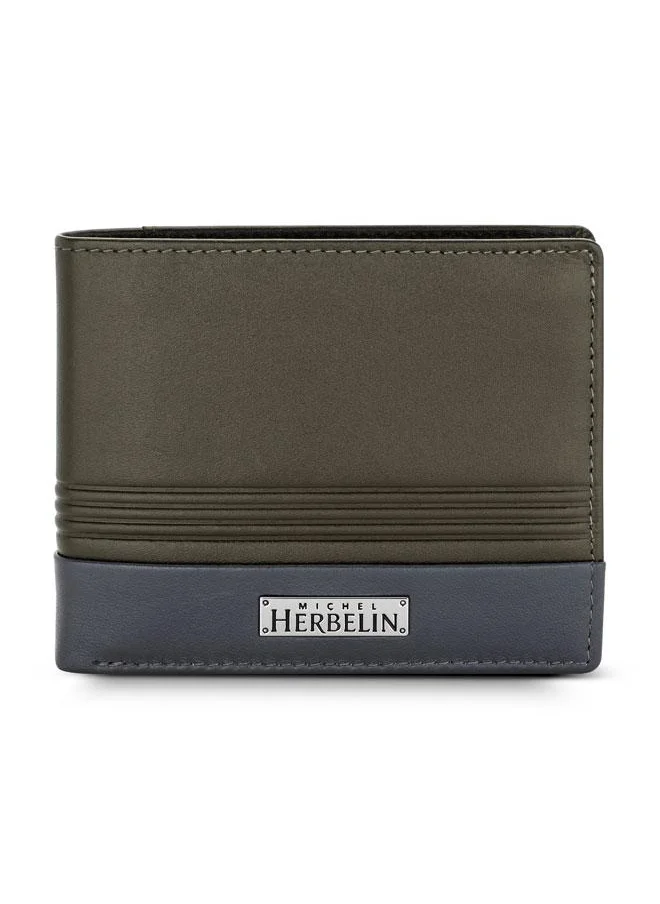 MICHEL HERBELIN Feat Leather Bi-Fold Olive & Grey Wallet for Men's