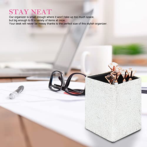 KEYPOWER Crystal Pencil Pot Holder Box Bling Rhinestone Pen Organizer Holder Cosmetic Pen Container Comb Brushes Personalized (Square White&AB Color) - Image 4