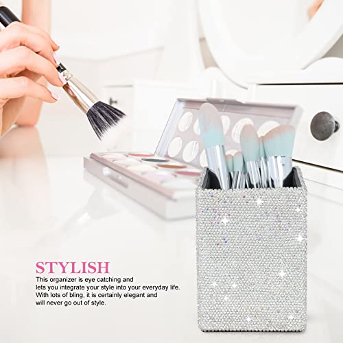 KEYPOWER Crystal Pencil Pot Holder Box Bling Rhinestone Pen Organizer Holder Cosmetic Pen Container Comb Brushes Personalized (Square White&AB Color) - Image 3