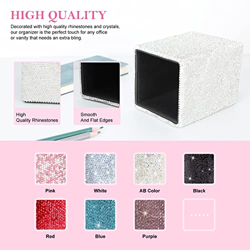 KEYPOWER Crystal Pencil Pot Holder Box Bling Rhinestone Pen Organizer Holder Cosmetic Pen Container Comb Brushes Personalized (Square White&AB Color) - Image 5