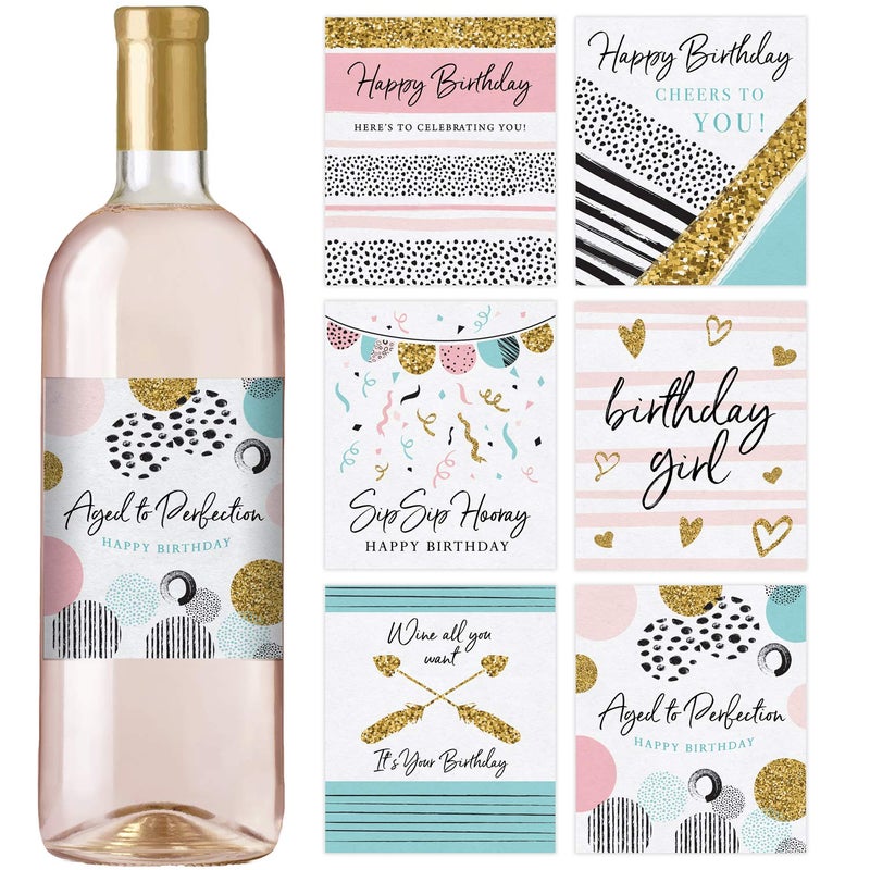 Printed Party Birthday Wine Bottle Labels Pink and Gold Set of 6
