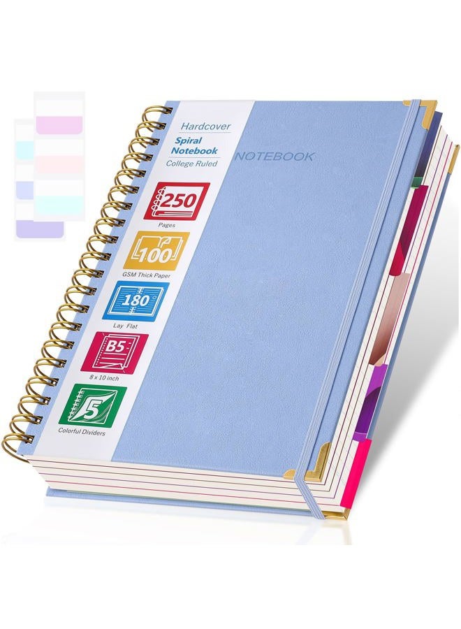 Amanple Spiral Notebook, Notebooks College Ruled, 5 Subject Notebook with Dividers, Hardcover Notebooks for Work, School, Note Taking, 250 Page Leather Notebook Journal for Women Men, Large B5 Blue Notebook - Image 1